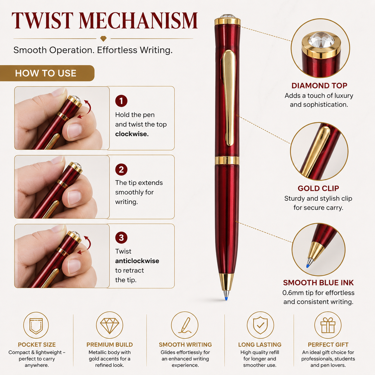 Ballpen Bazaar  Ballpen Bazaar Metallic Glossy Red Mini Ball Pen with Gold Clip & Diamond Top | Twist Mechanism | Blue Ink | 1 Pen with 1 Extra Refill with Name Engraving