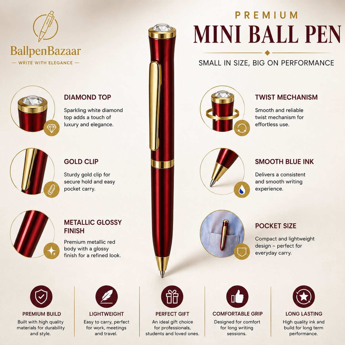 Ballpen Bazaar  Ballpen Bazaar Metallic Glossy Red Mini Ball Pen with Gold Clip & Diamond Top | Twist Mechanism | Blue Ink | 1 Pen with 1 Extra Refill with Name Engraving