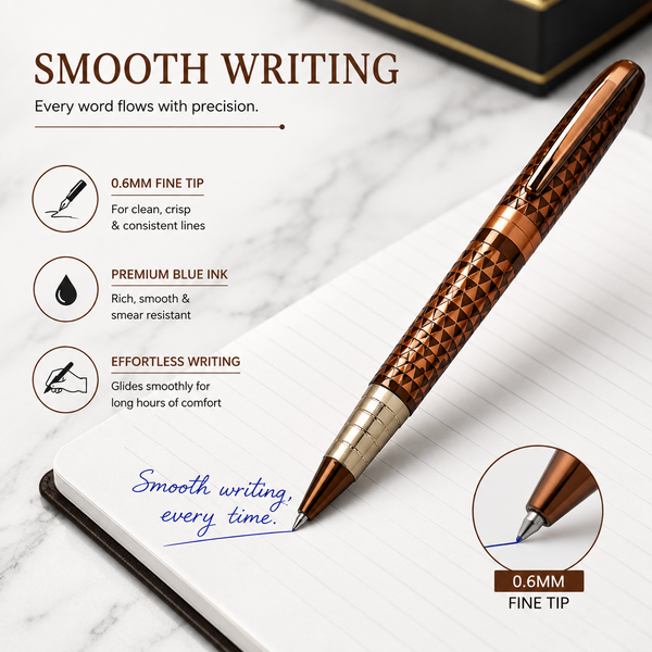 Ballpen Bazaar  Ballpen Bazaar Metallic Glossy Rose Gold Ball Pen with Brown Rectangle Design & Rose Gold Designer Cap | Openable Mechanism | Blue Ink | 1 Pen + 1 Extra Refill with Name Engraving