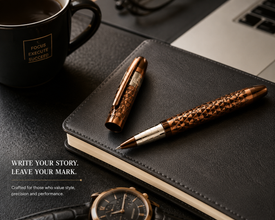 Ballpen Bazaar  Ballpen Bazaar Metallic Glossy Rose Gold Ball Pen with Brown Rectangle Design & Rose Gold Designer Cap | Openable Mechanism | Blue Ink | 1 Pen + 1 Extra Refill with Name Engraving
