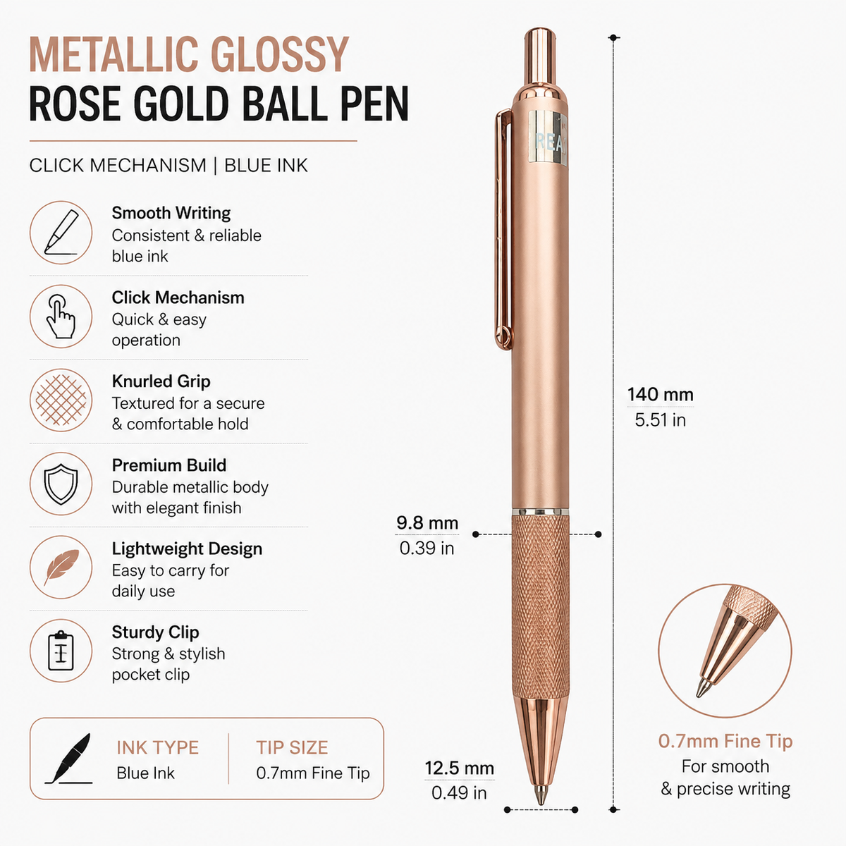 Premium rose gold click ball pen for office and gifting