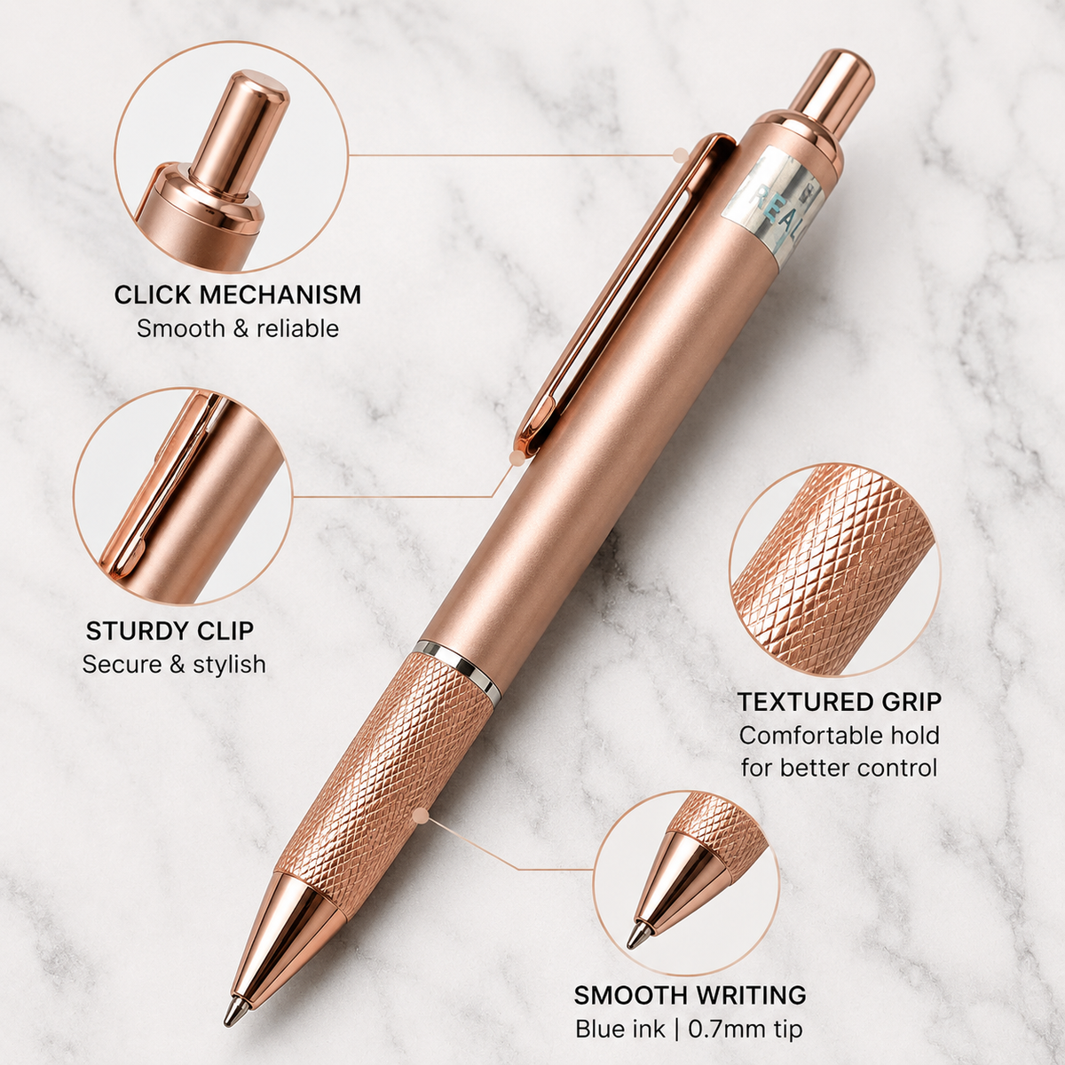 Metallic rose gold ball pen with click mechanism and black ink