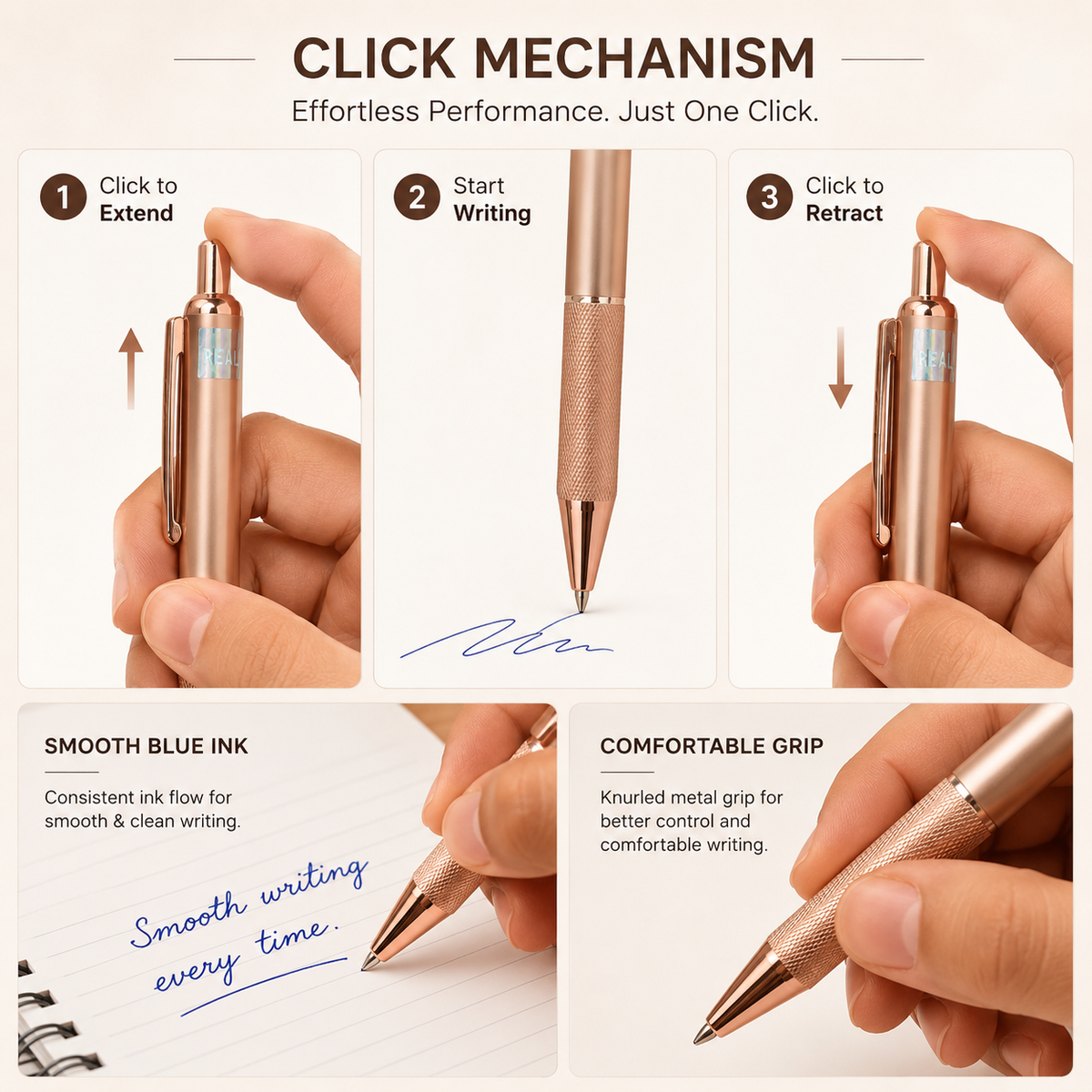 Rose gold clip metal ball pen with smooth black ink