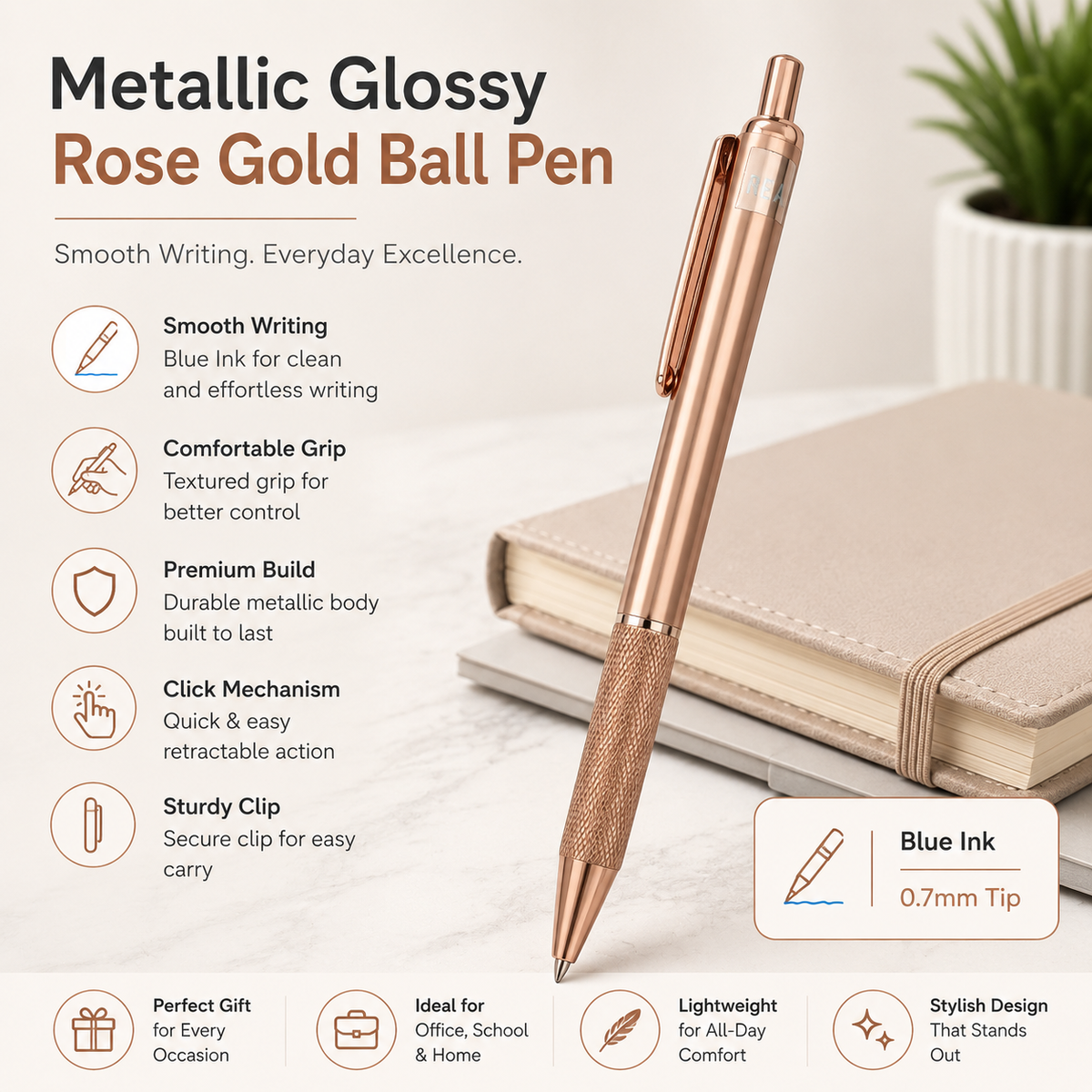 Ballpen Bazaar rose gold click ball pen with extra refill