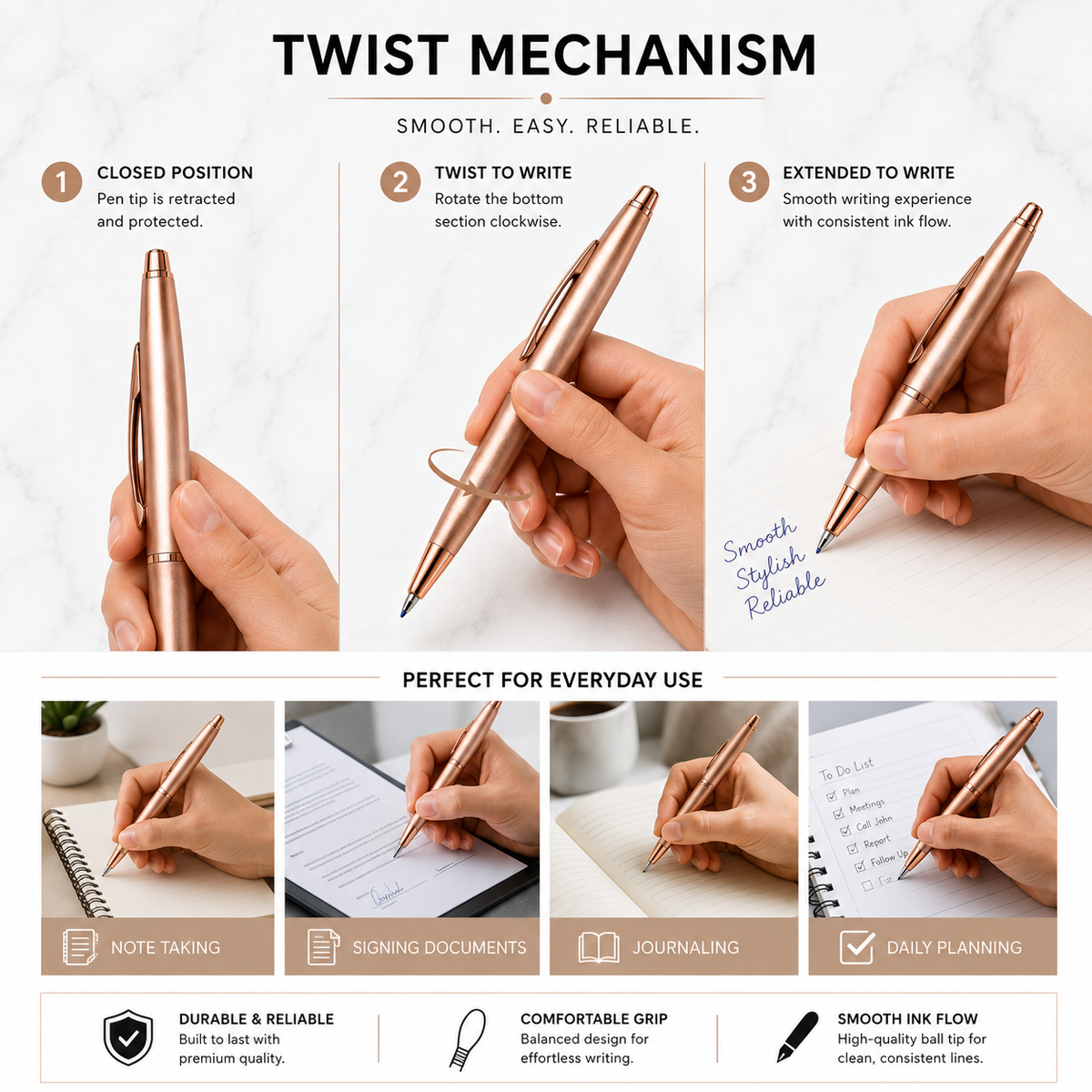 Ballpen Bazaar  Ballpen Bazaar Metallic Glossy Rose Gold Ball Pen with Rose Gold Clip | Twist Mechanism | Black Ink | Premium Metal Pen | 1 Pen with 1 Extra Refill with Name Engraving