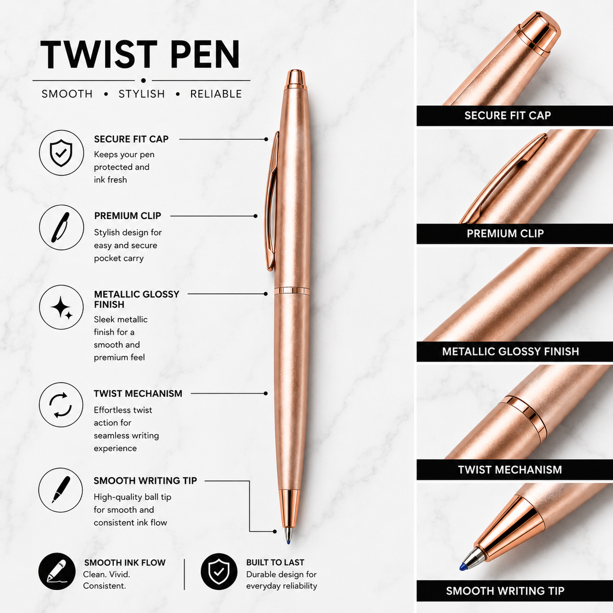 Ballpen Bazaar  Ballpen Bazaar Metallic Glossy Rose Gold Ball Pen with Rose Gold Clip | Twist Mechanism | Black Ink | Premium Metal Pen | 1 Pen with 1 Extra Refill with Name Engraving
