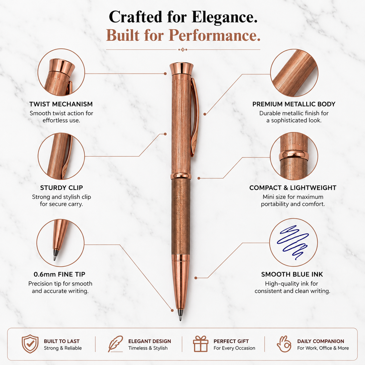 Ballpen Bazaar  Ballpen Bazaar Metallic Glossy Rose Gold Mini Ball Pen with Copper Clip | Twist Mechanism | Blue Ink | 1 Pen with 1 Extra Refill with Name Engraving
