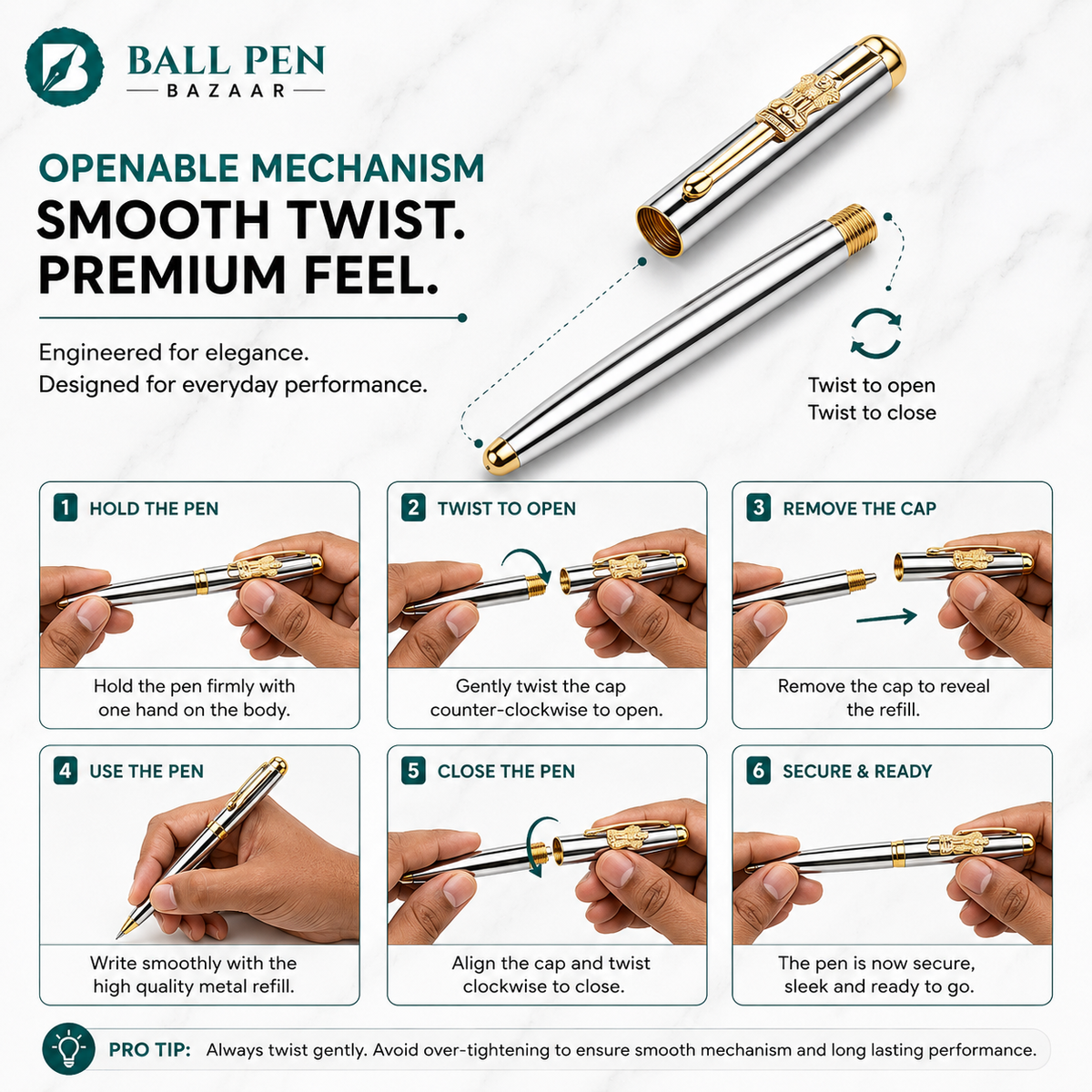 Ballpen Bazaar  Ballpen Bazaar Metallic Glossy Silver Ball Pen with Silver Cap & Gold Ashoka Emblem Clip | Openable Mechanism | Black Ink | Premium Metal Pen with 1 Extra Metal Jotter Refill | Pack of 1 with Name Engraving