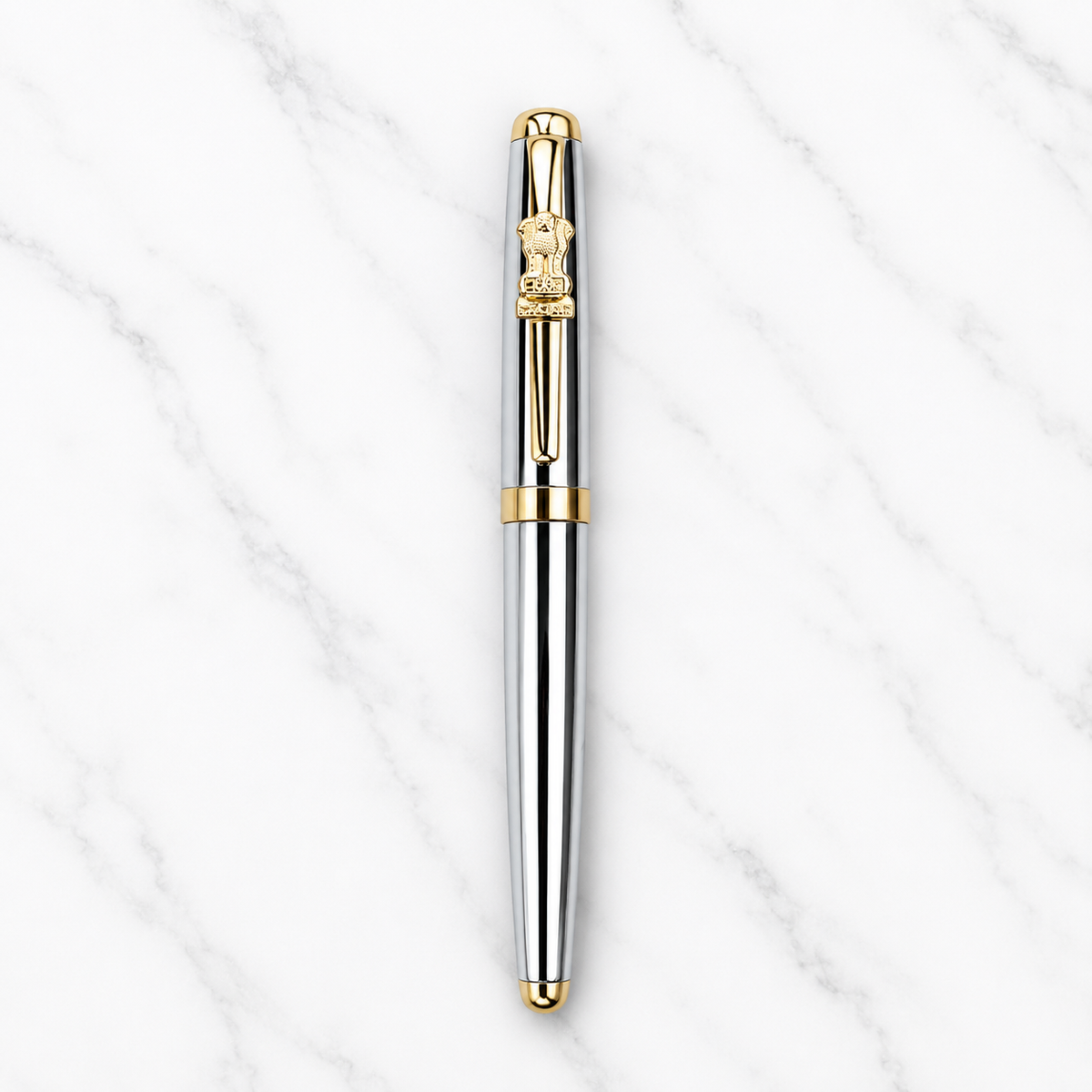 Metallic silver openable ball pen with gold Ashoka emblem clip