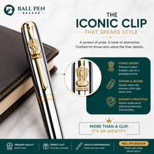 Ballpen Bazaar  Ballpen Bazaar Metallic Glossy Silver Ball Pen with Silver Cap & Gold Ashoka Emblem Clip | Openable Mechanism | Black Ink | Premium Metal Pen with 1 Extra Metal Jotter Refill | Pack of 1 with Name Engraving