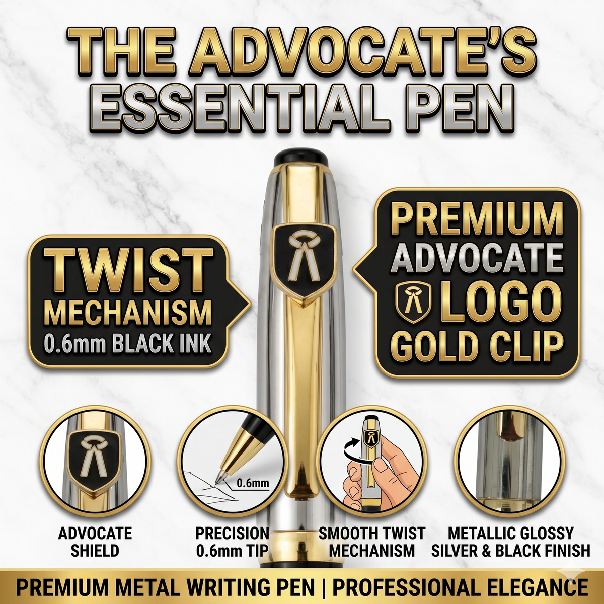 Ballpen Bazaar  Ballpen Bazaar Metallic Glossy Silver & Black Dual Colour Ball Pen with Gold Advocate Logo Clip | Twist Mechanism | Black Ink | 1 Pen with 1 Extra Refill with Name Engraving