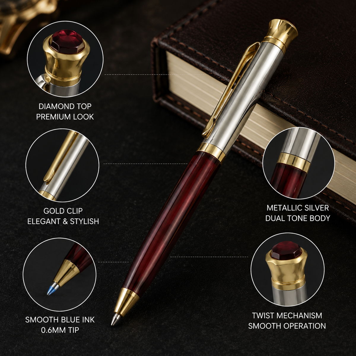 Ballpen Bazaar  Ballpen Bazaar Metallic Glossy Silver & Maroon Designer Dual Colour Mini Ball Pen with Gold Clip, Diamond Top, Twist Mechanism, Blue Ink, 1 Pen with 1 Extra Refill with Name Engraving