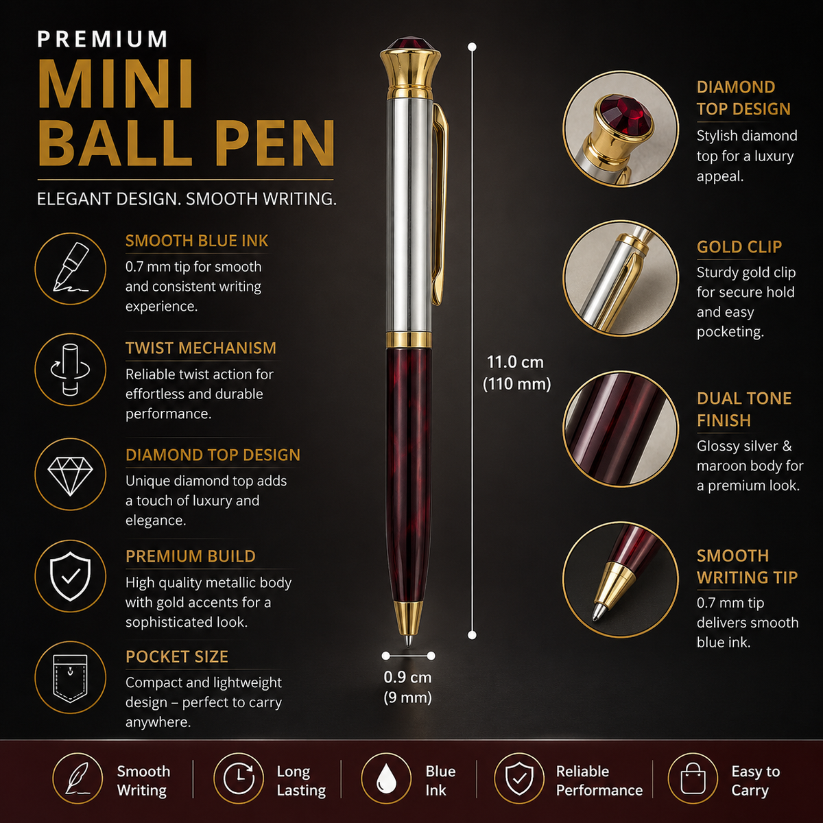 Ballpen Bazaar  Ballpen Bazaar Metallic Glossy Silver & Maroon Designer Dual Colour Mini Ball Pen with Gold Clip, Diamond Top, Twist Mechanism, Blue Ink, 1 Pen with 1 Extra Refill with Name Engraving