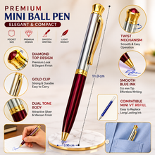 Ballpen Bazaar  Ballpen Bazaar Metallic Glossy Silver & Red Designer Dual Colour Mini Ball Pen with Gold Clip & Diamond Top | Twist Mechanism | Blue Ink | 1 Pen + 1 Extra Refill with Name Engraving