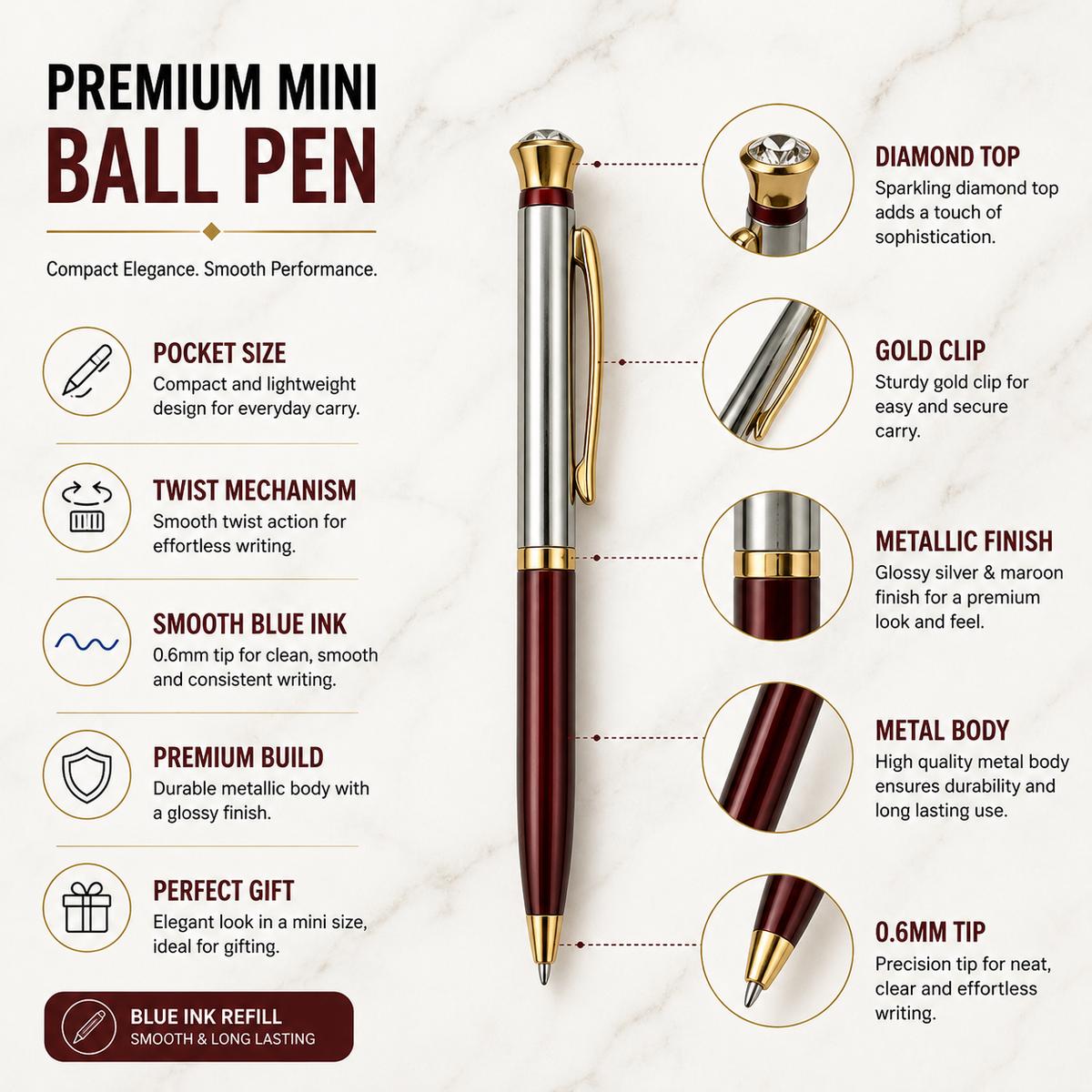 Ballpen Bazaar  Metallic Glossy Silver & Red Designer Dual Colour Mini Ball Pen with Gold Clip & Diamond Top | Twist Mechanism | Blue Ink | 1 Pen + 1 Extra Mini VT Refill with Name Engraving