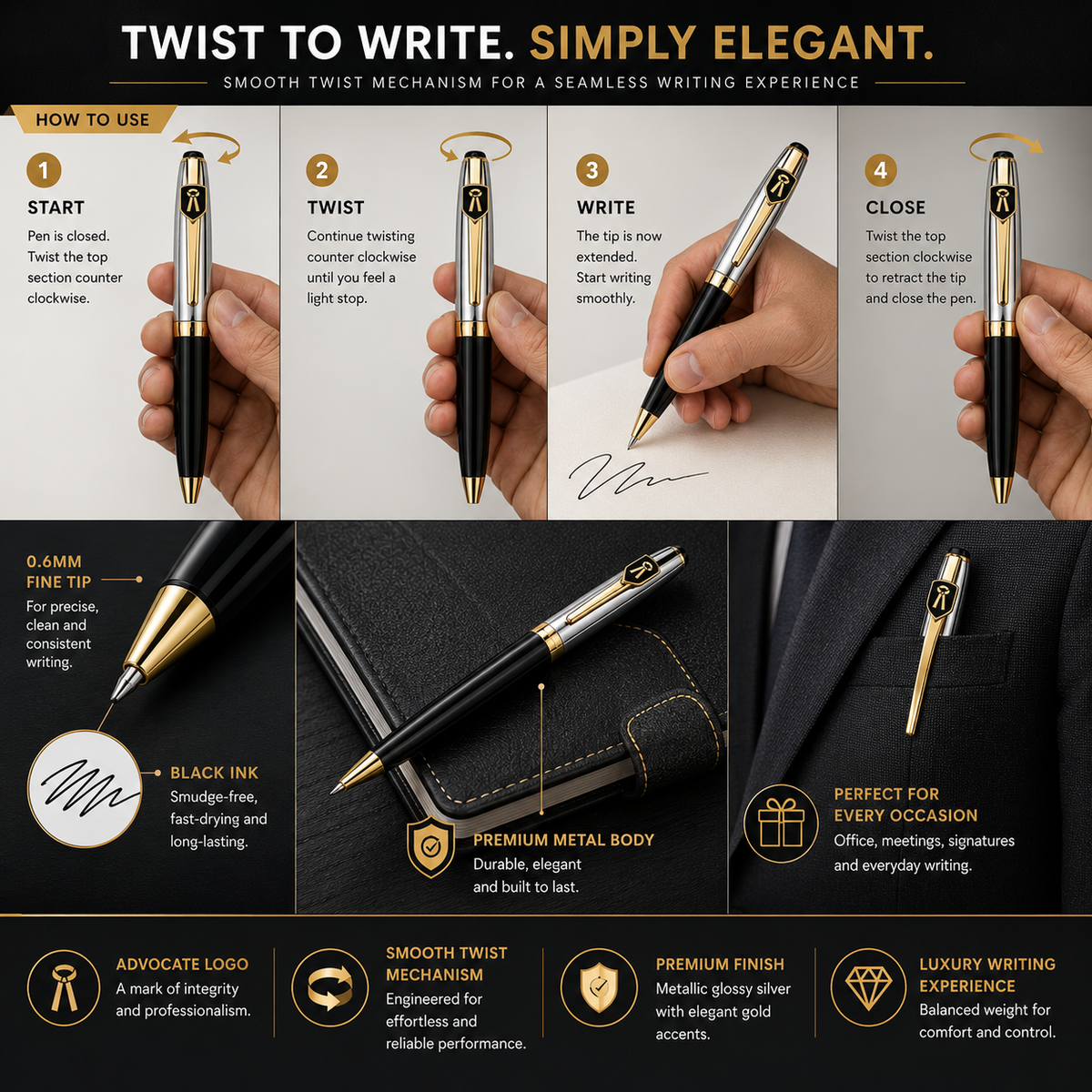 Ballpen Bazaar  Ballpen Bazaar Metallic Glossy Silver & Black Dual Colour Ball Pen with Gold Advocate Logo Clip | Twist Mechanism | Black Ink | 1 Pen with 1 Extra Refill with Name Engraving