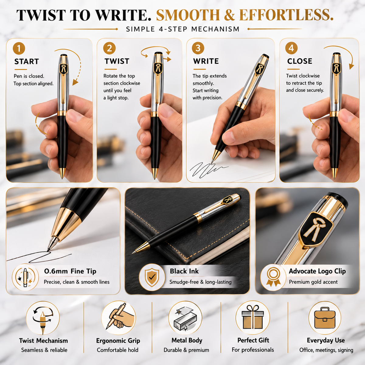 Ballpen Bazaar  Ballpen Bazaar Metallic Glossy Silver & Black Dual Colour Ball Pen with Gold Advocate Logo Clip | Twist Mechanism | Black Ink | 1 Pen with 1 Extra Refill with Name Engraving