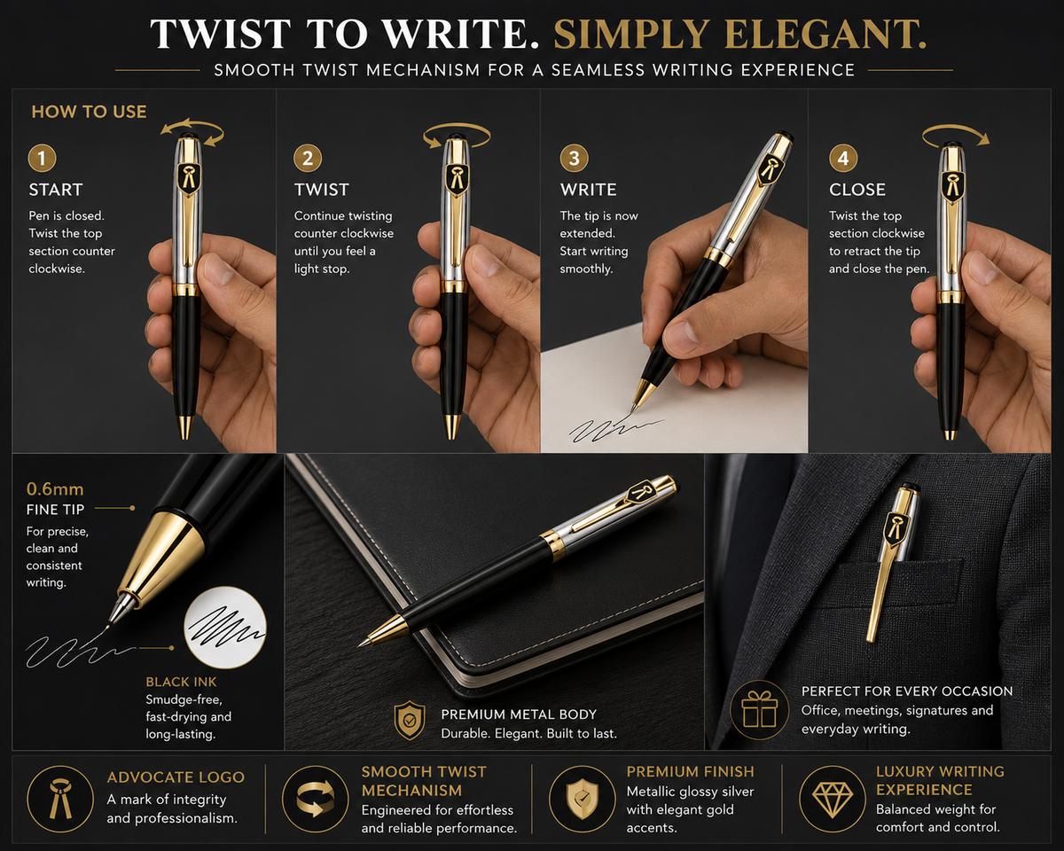 Ballpen Bazaar  Ballpen Bazaar Metallic Glossy Silver & Black Dual Colour Ball Pen with Gold Advocate Logo Clip | Twist Mechanism | Black Ink | 1 Pen with 1 Extra Refill with Name Engraving