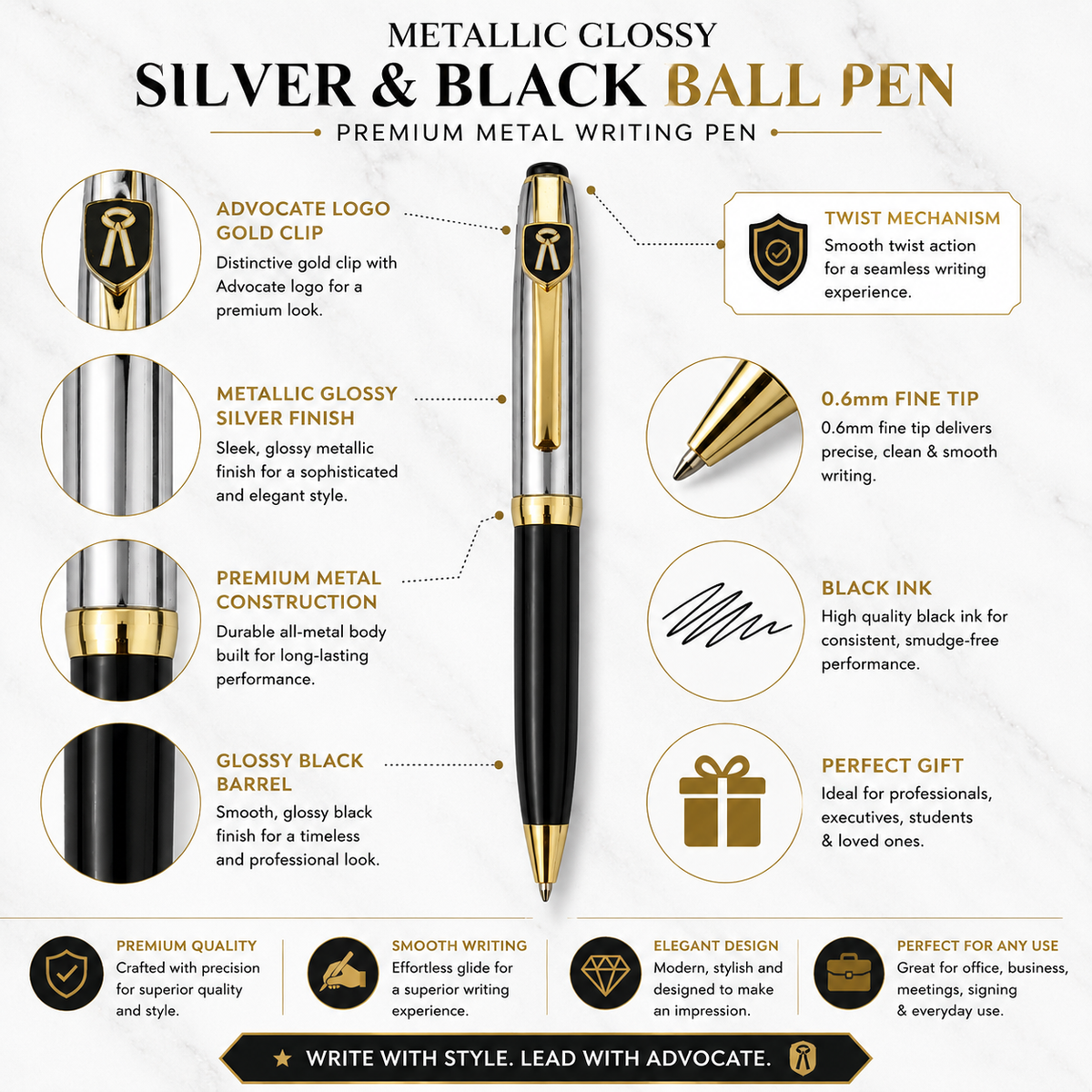 Ballpen Bazaar  Ballpen Bazaar Metallic Glossy Silver & Black Dual Colour Ball Pen with Gold Advocate Logo Clip | Twist Mechanism | Black Ink | 1 Pen with 1 Extra Refill with Name Engraving