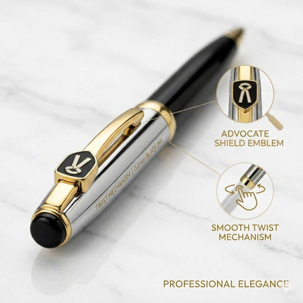 Ballpen Bazaar  Ballpen Bazaar Metallic Glossy Silver & Black Dual Colour Ball Pen with Gold Advocate Logo Clip | Twist Mechanism | Black Ink | 1 Pen with 1 Extra Refill with Name Engraving