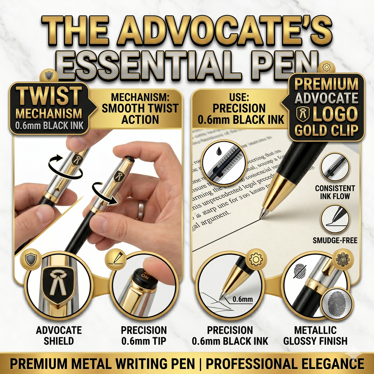 Ballpen Bazaar  Ballpen Bazaar Metallic Glossy Silver and Black Dual Colour Ball Pen with Gold Advocate Logo Clip | Twist Mechanism | Blue Ink | 1 Pen with 1 Extra Refill with Name Engraving