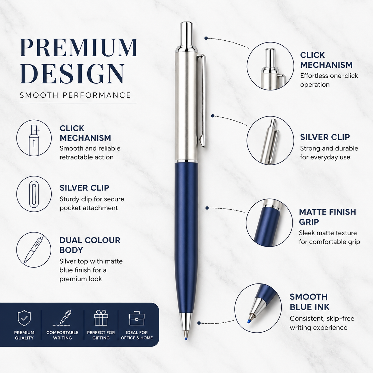 Ballpen Bazaar  Ballpen Bazaar Metallic Glossy Silver and Blue Dual Colour Body Ball Pen with Silver Clip | Click Mechanism | Blue Ink | 1 Pen with 1 Extra Refill with Name Engraving