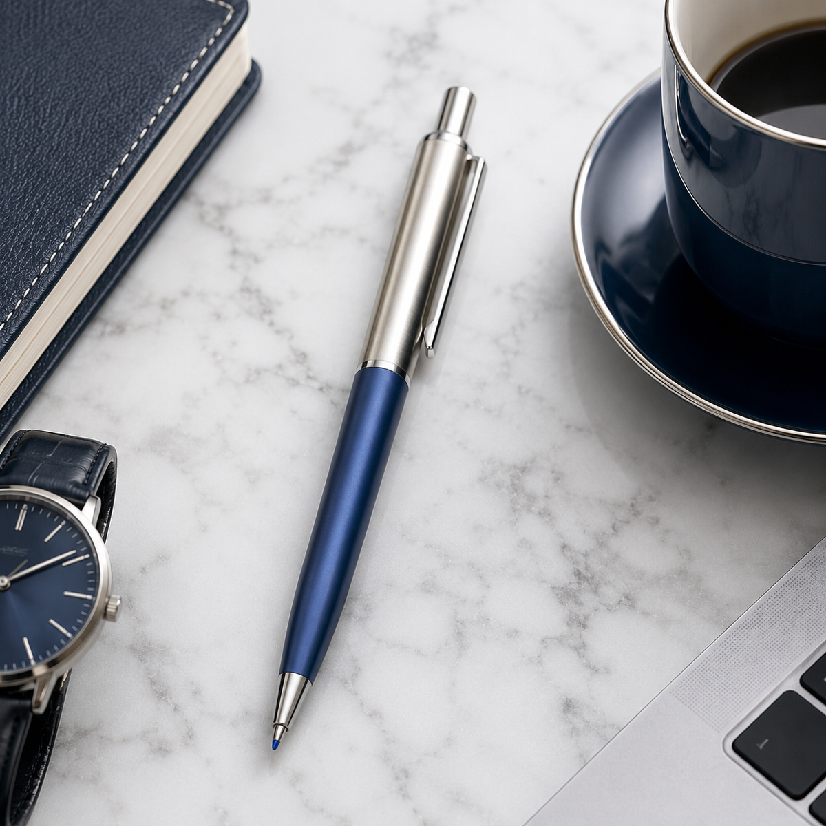 Ballpen Bazaar  Ballpen Bazaar Metallic Glossy Silver and Blue Dual Colour Body Ball Pen with Silver Clip | Click Mechanism | Blue Ink | 1 Pen with 1 Extra Refill with Name Engraving