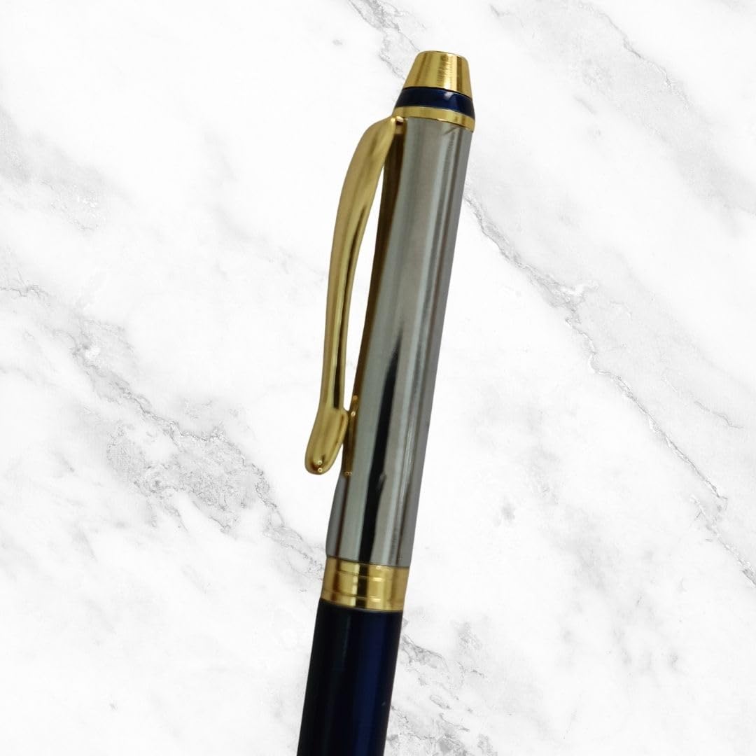 Ballpen Bazaar  Ballpen Bazaar Metallic Glossy Silver and Blue Dual Colour Mini Ball Pen with Gold Clip | Twist Mechanism | Blue Ink | 1 Pen with 1 Extra Refill with Name Engraving