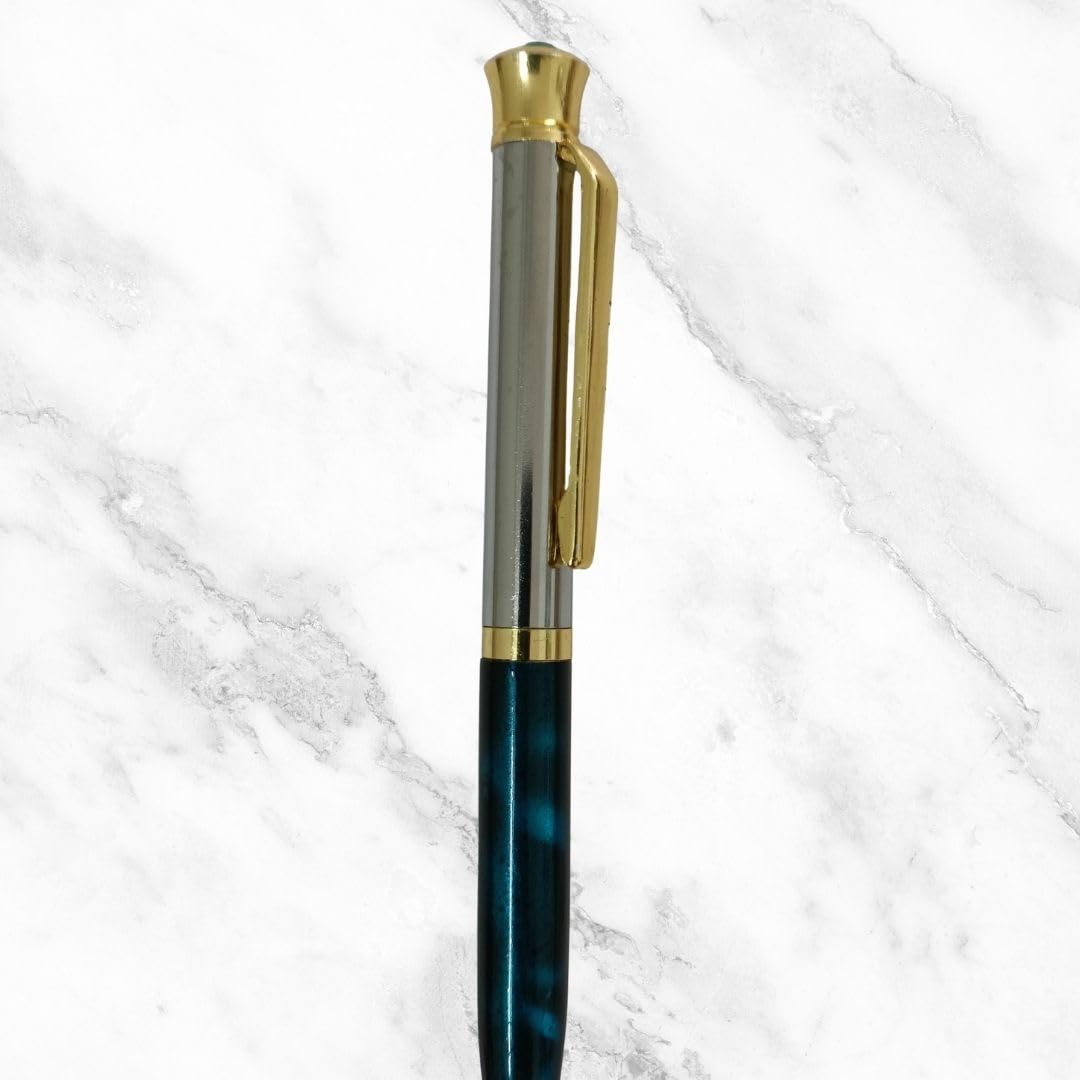 Ballpen Bazaar  Ballpen Bazaar Metallic Glossy Silver and Green Designer Dual Colour Ball Pen with Gold Clip and Diamond Top | Twist Mechanism Mini Metal Pen | Blue Ink | 1 Pen with 1 Extra Refill with Name Engraving