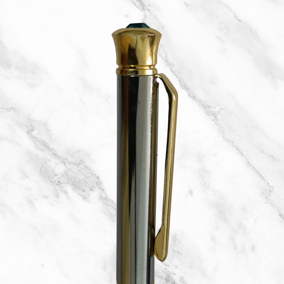 Ballpen Bazaar  Ballpen Bazaar Metallic Glossy Silver and Green Designer Dual Colour Ball Pen with Gold Clip and Diamond Top | Twist Mechanism Mini Metal Pen | Blue Ink | 1 Pen with 1 Extra Refill with Name Engraving