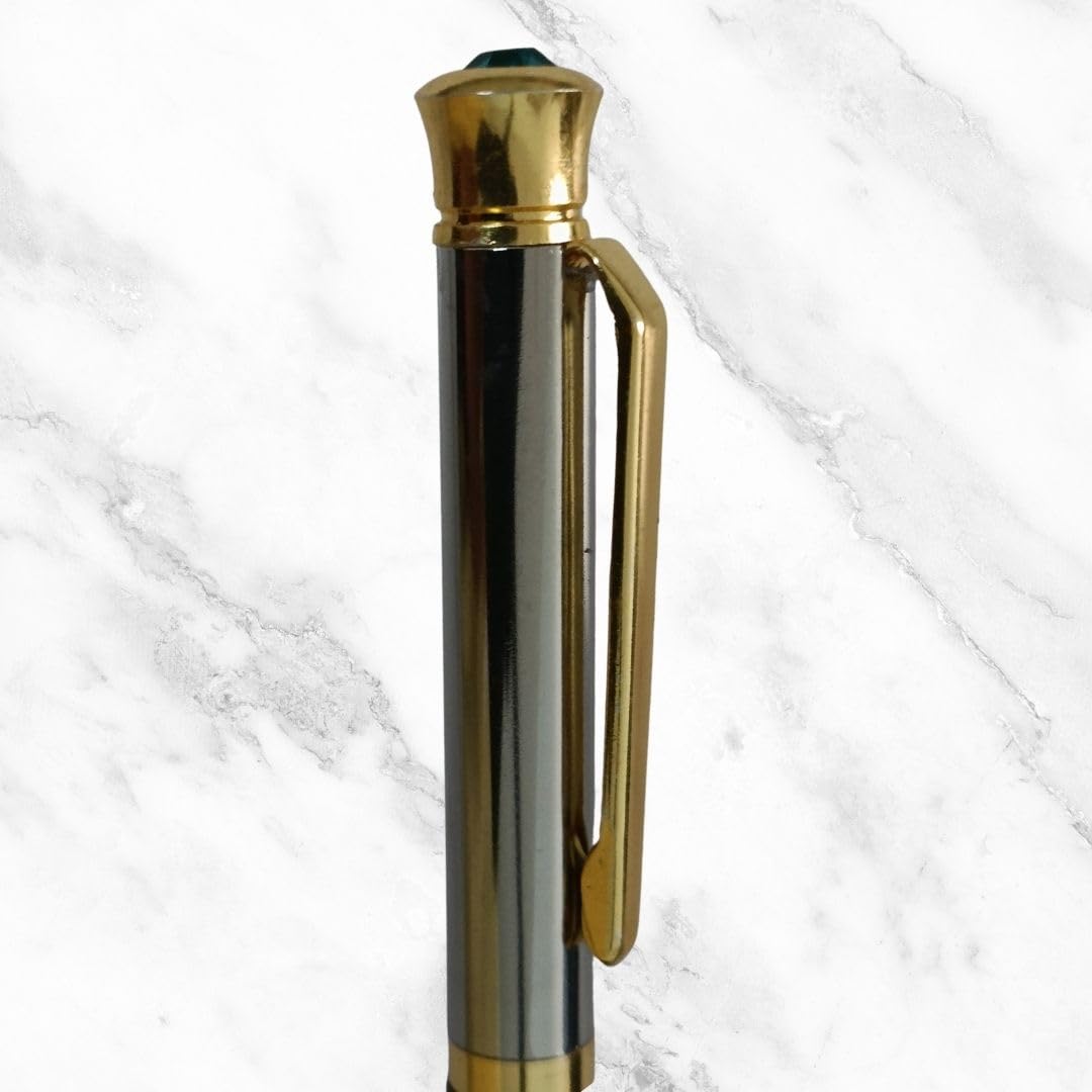 Ballpen Bazaar  Ballpen Bazaar Metallic Glossy Silver and Green Designer Dual Colour Ball Pen with Gold Clip and Diamond Top | Twist Mechanism Mini Metal Pen | Blue Ink | 1 Pen with 1 Extra Refill with Name Engraving