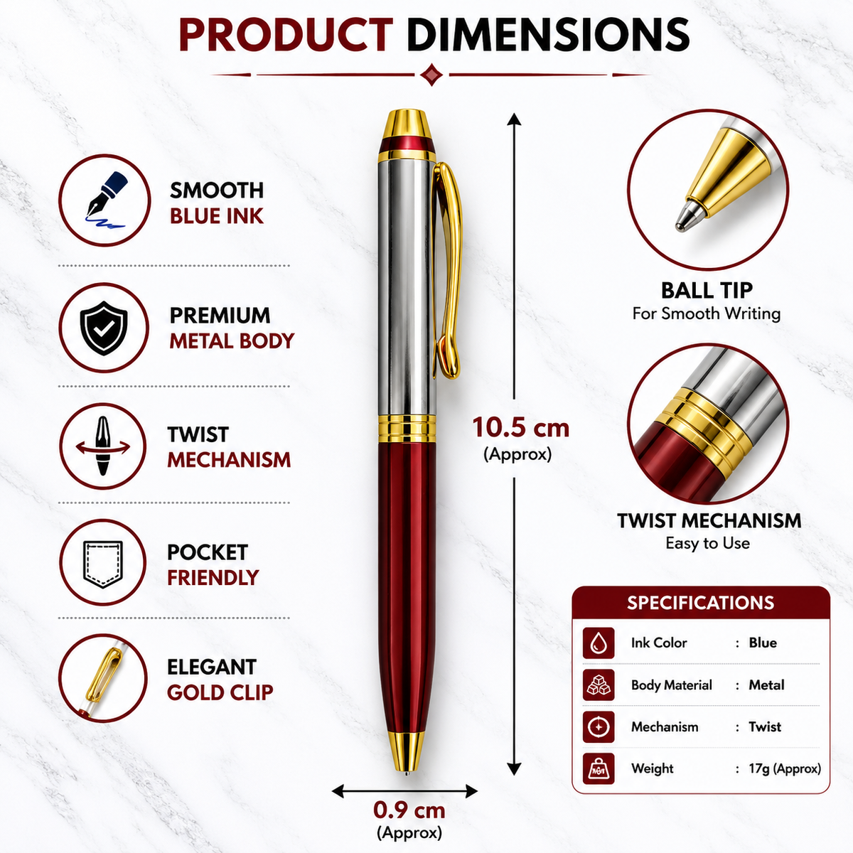 Ballpen Bazaar  Ballpen Bazaar Metallic Glossy Silver and Red Designer Dual Colour Mini Ball Pen with Gold Clip | Twist Mechanism | Blue Ink | 1 Premium Metal Pen with 1 Extra Refill with Name Engraving