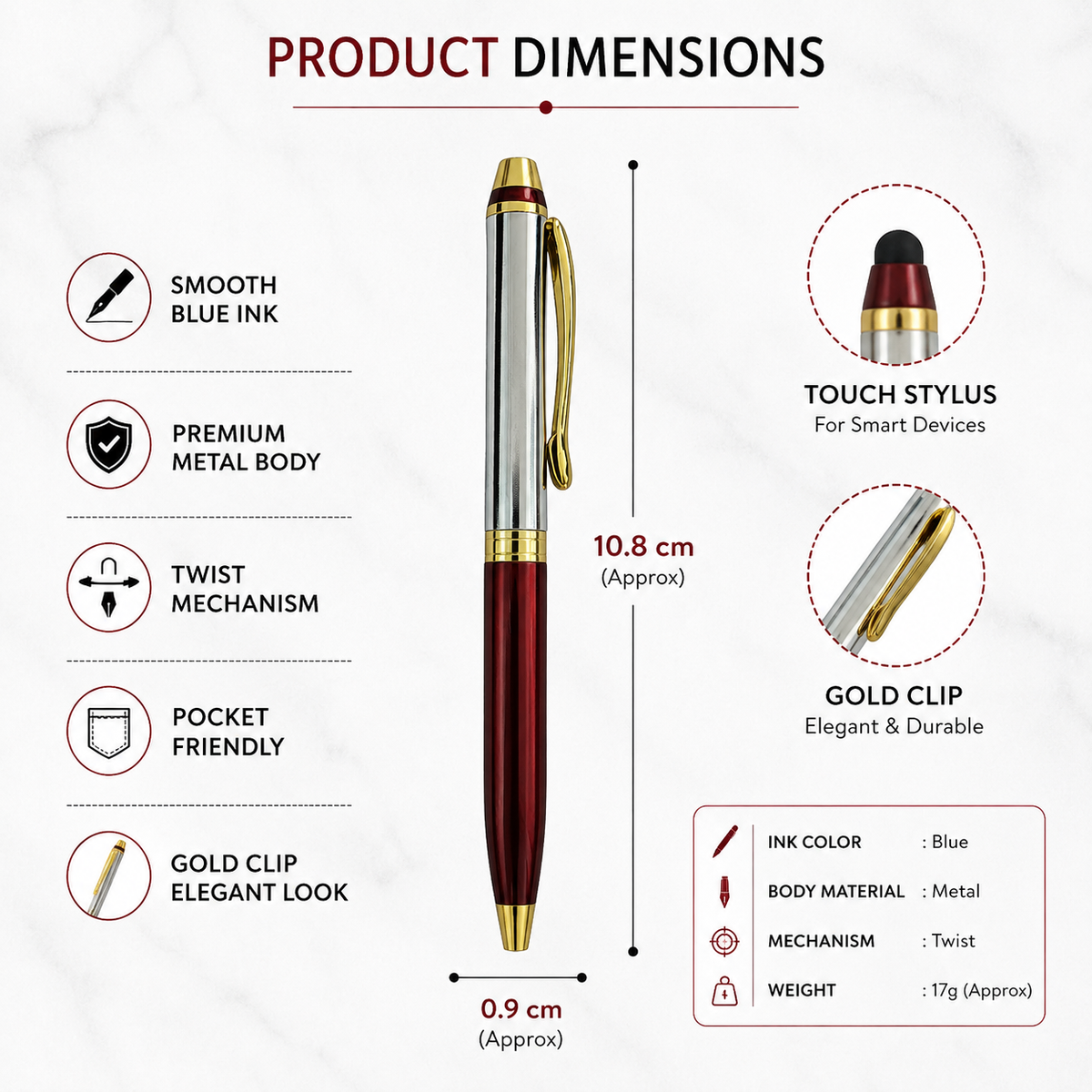 Ballpen Bazaar  Ballpen Bazaar Metallic Glossy Silver and Red Designer Dual Colour Mini Ball Pen with Gold Clip | Twist Mechanism | Blue Ink | 1 Premium Metal Pen with 1 Extra Refill with Name Engraving