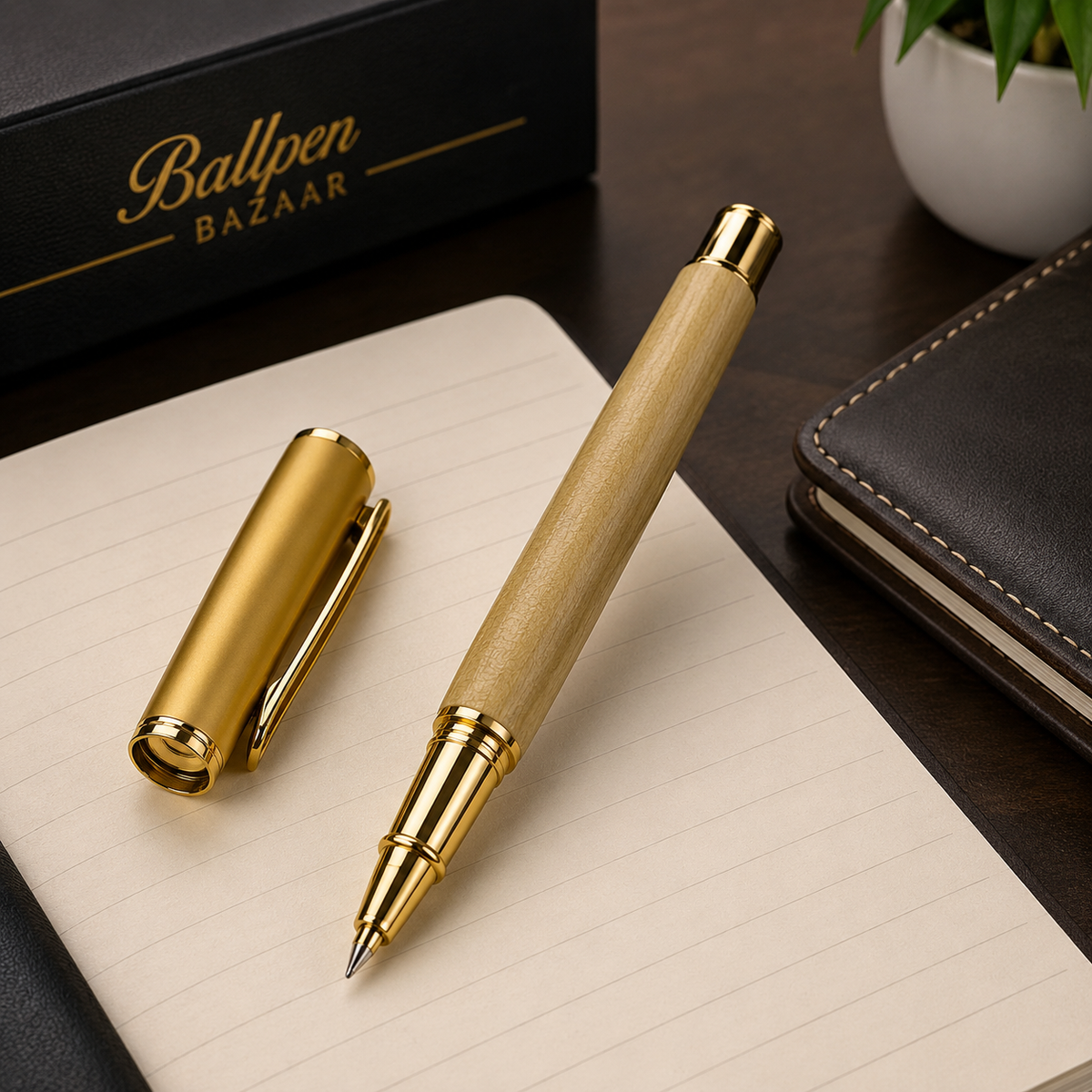 Ballpen Bazaar  Ballpen Bazaar Metallic Glossy Wooden Colour Ball Pen with Gold Cap | Openable Mechanism | Blue Ink | 1 Premium Metal Pen with 1 Extra Refill with Name Engraving