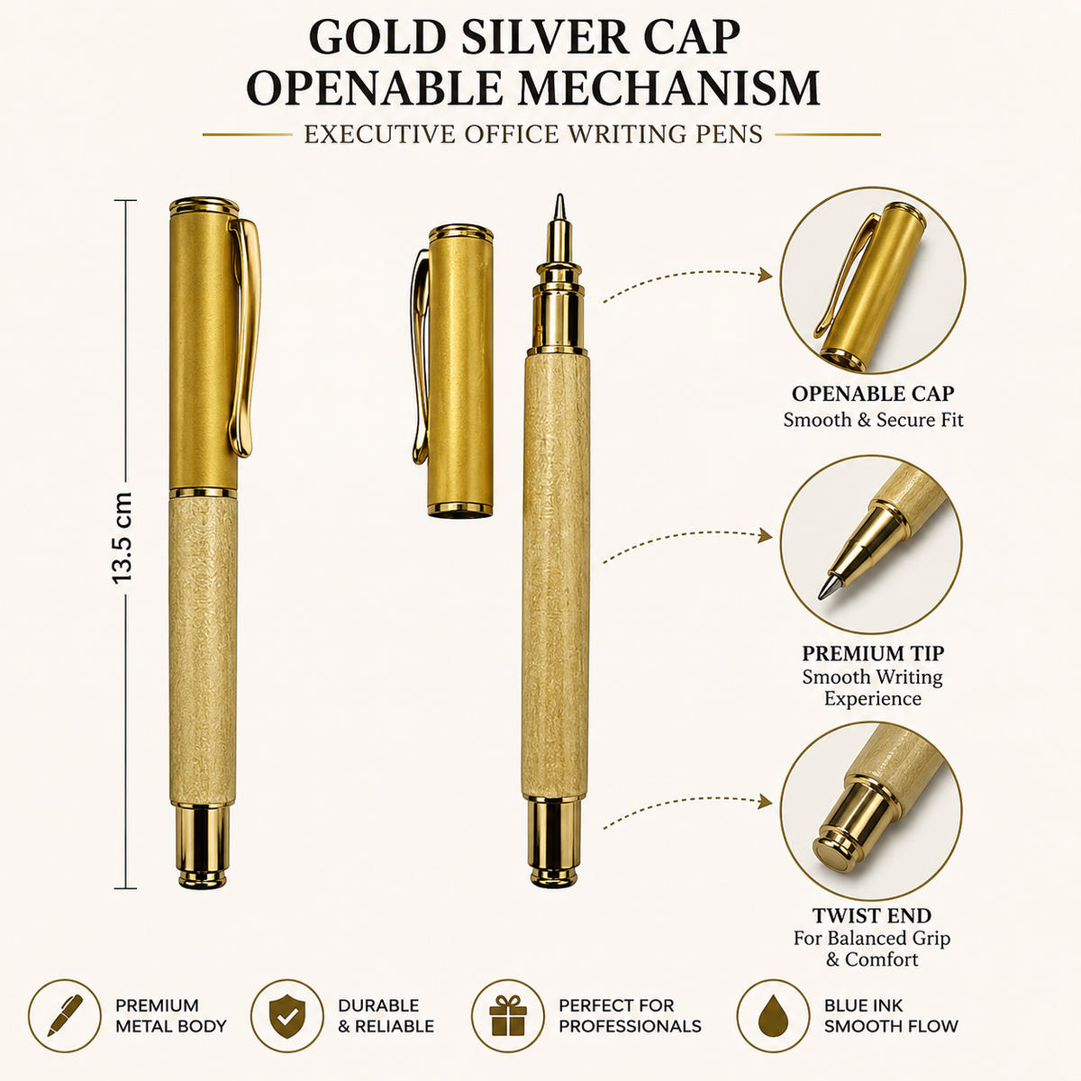 Ballpen Bazaar  Ballpen Bazaar Metallic Glossy Wooden Colour Ball Pen with Gold Cap | Openable Mechanism | Blue Ink | 1 Premium Metal Pen with 1 Extra Refill with Name Engraving