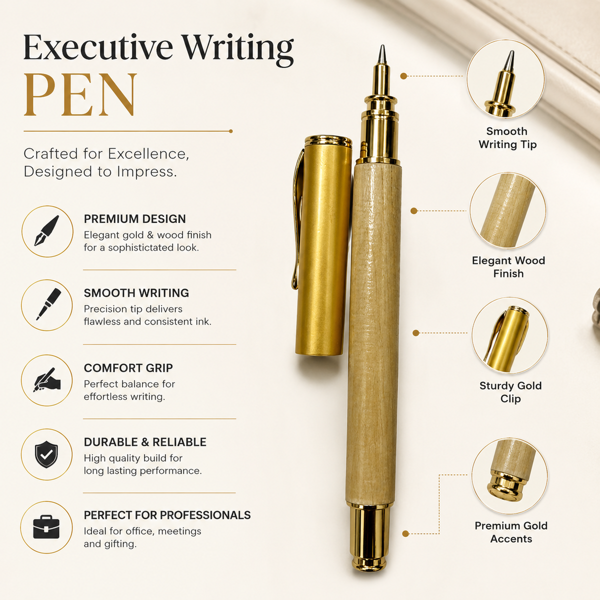 Ballpen Bazaar  Ballpen Bazaar Metallic Glossy Wooden Colour Ball Pen with Gold Cap | Openable Mechanism | Blue Ink | 1 Premium Metal Pen with 1 Extra Refill with Name Engraving