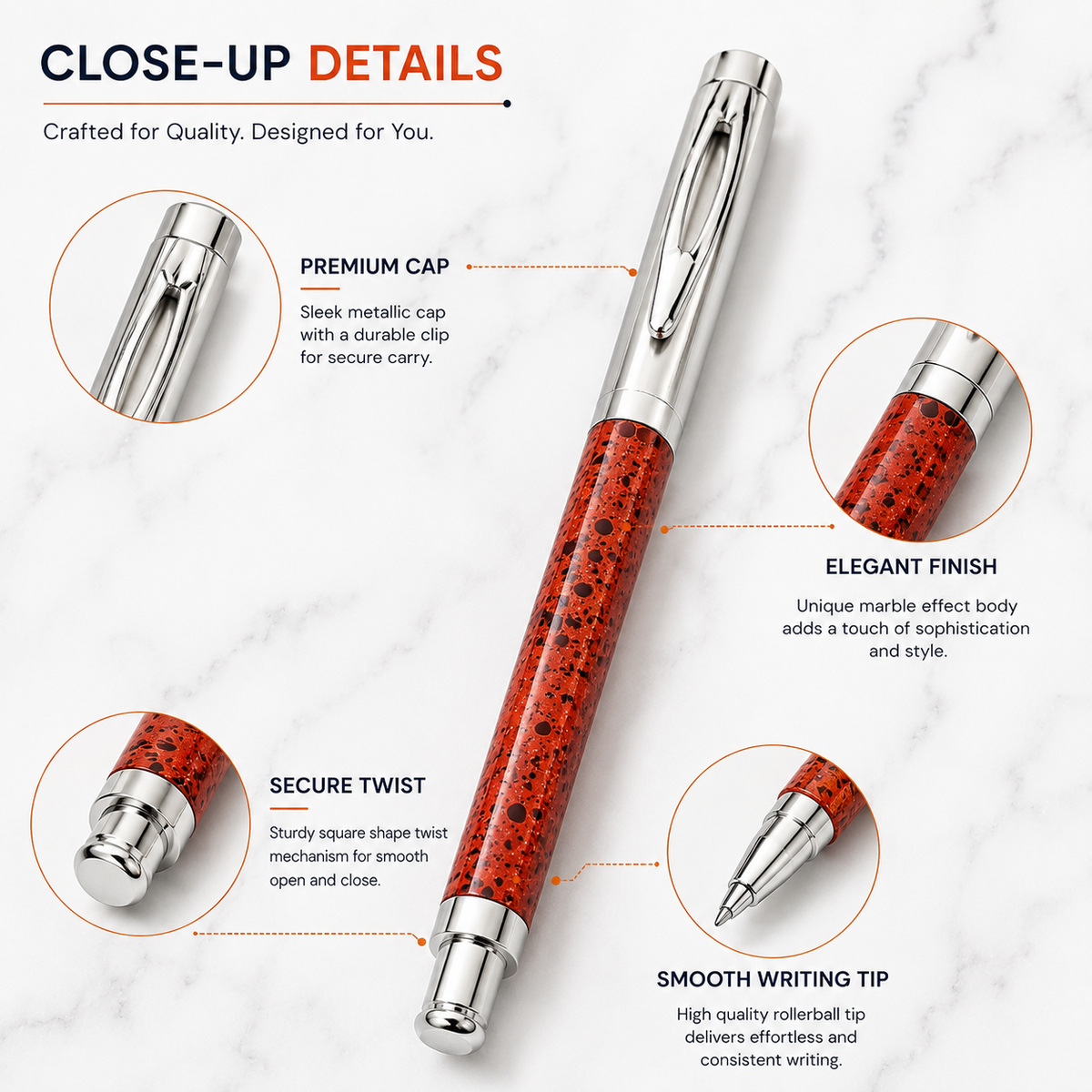 Ballpen Bazaar  Ballpen Bazaar Metallic Orange Designer Ball Pen with Silver Cap | Square Body | Openable Cap | Blue Ink | 1 Pen with 1 Extra Refill with Name Engraving