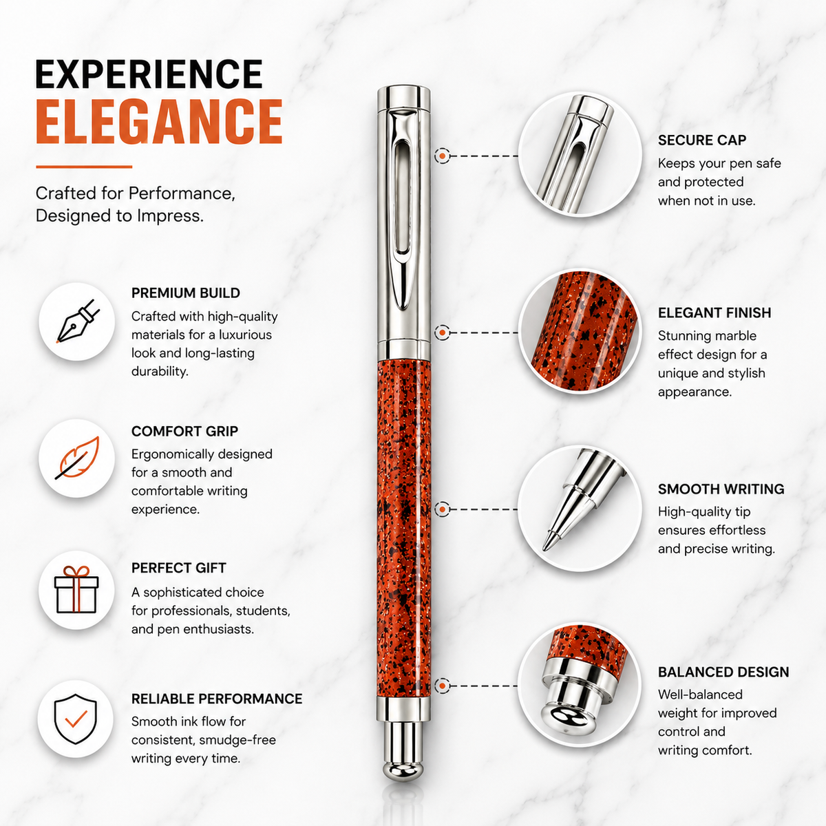 Ballpen Bazaar  Ballpen Bazaar Metallic Orange Designer Ball Pen with Silver Cap | Square Body | Openable Cap | Blue Ink | 1 Pen with 1 Extra Refill with Name Engraving