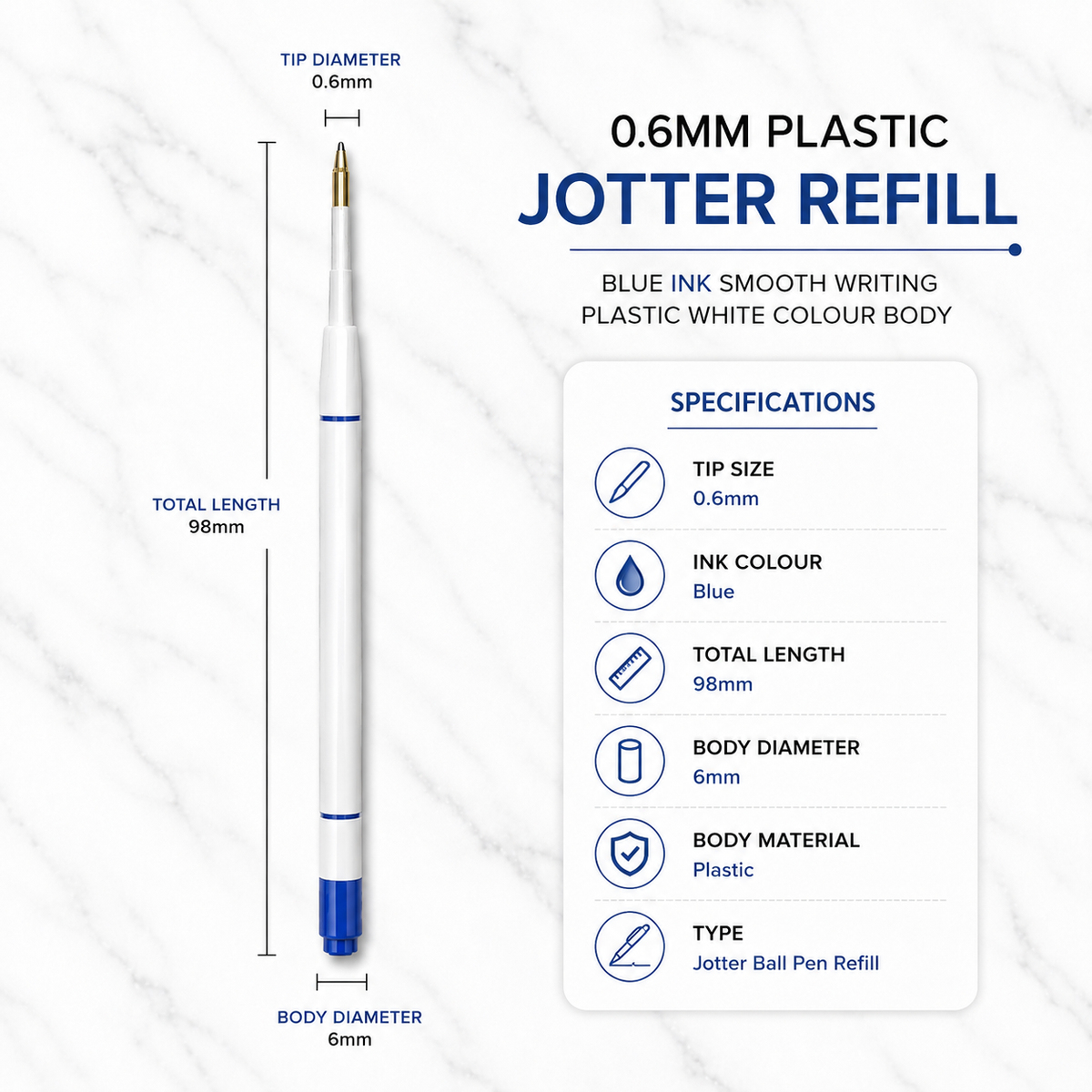 Ballpen Bazaar  Ballpen Bazaar Plastic Jotter 0.6mm Blue Ink Refill Pack of 4 | Smooth Writing Ball Pen Refills | Compatible Jotter Style Replacement Refills with Name Engraving