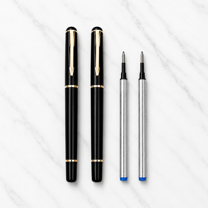 Ballpen Bazaar  Ballpen Bazaar Set of 02 Metallic Glossy Black Ball Pens with Black Cap & Gold Clip | Openable Cap | Blue Ink | Includes 2 Free Blue Roller Refills | Premium Metal Executive Pens | Pack of 2 with Name Engraving