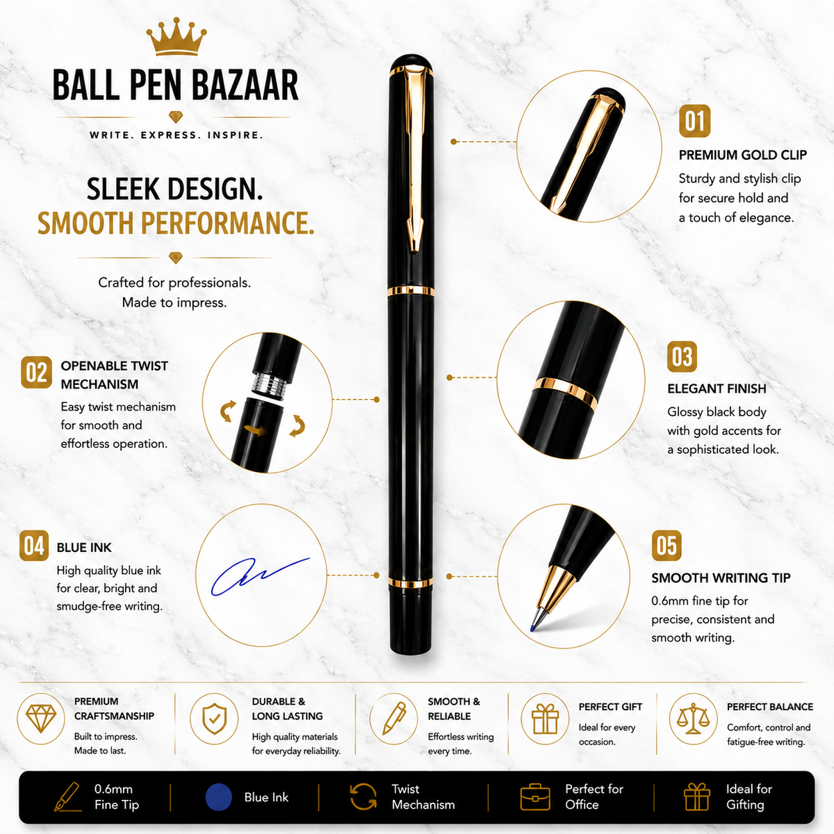 Ballpen Bazaar  Ballpen Bazaar Set of 02 Metallic Glossy Black Ball Pens with Black Cap & Gold Clip | Openable Cap | Blue Ink | Includes 2 Free Blue Roller Refills | Premium Metal Executive Pens | Pack of 2 with Name Engraving
