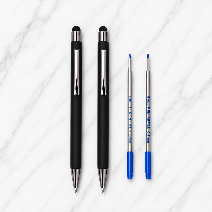 Ballpen Bazaar  Ballpen Bazaar Set of 02 Stylus Matt Black Ball Pen with Silver Clip Click Mechanism Blue Ink | 2 Free Cross Type Refills | Metal Executive Pens with Name Engraving