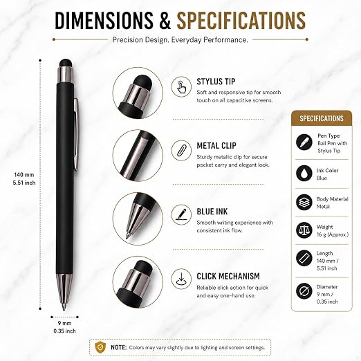 Ballpen Bazaar  Ballpen Bazaar Set of 02 Stylus Matt Black Ball Pen with Silver Clip Click Mechanism Blue Ink | 2 Free Cross Type Refills | Metal Executive Pens with Name Engraving