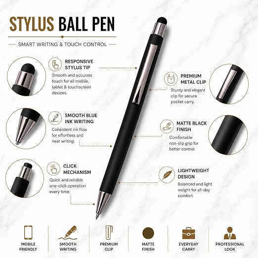Ballpen Bazaar  Ballpen Bazaar Set of 02 Stylus Matt Black Ball Pen with Silver Clip Click Mechanism Blue Ink | 2 Free Cross Type Refills | Metal Executive Pens with Name Engraving