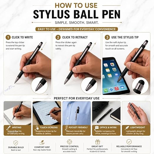 Ballpen Bazaar  Ballpen Bazaar Set of 02 Stylus Matt Black Ball Pen with Silver Clip Click Mechanism Blue Ink | 2 Free Cross Type Refills | Metal Executive Pens with Name Engraving