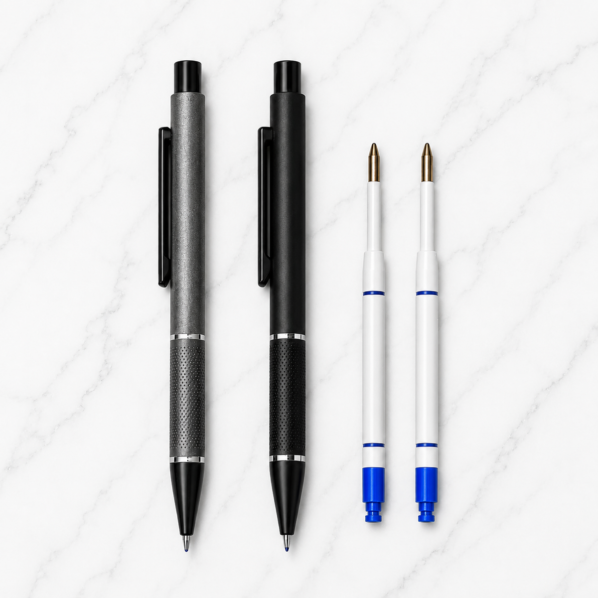 Ballpen Bazaar  Ballpen Bazaar Set of 2 Metal Ball Pens | Matt Black & Matt Gray Body with Black Clip | Click Mechanism | Blue Ink | Includes 2 Free Plastic Jotter Blue Refills | Premium Office, Executive & Gift Pens with Name Engraving