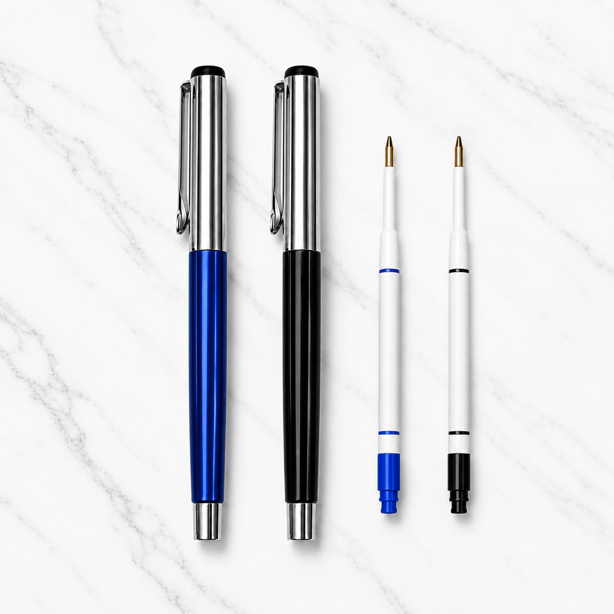 Ballpen Bazaar  Ballpen Bazaar Set of 2 Metallic Glossy Ball Pens Blue & Black with Silver Cap | Openable Metal Ball Pen | Blue Ink | Includes 2 Free Plastic Jotter Refills (1 Blue & 1 Black) | Executive Gift Pen Set with Name Engraving
