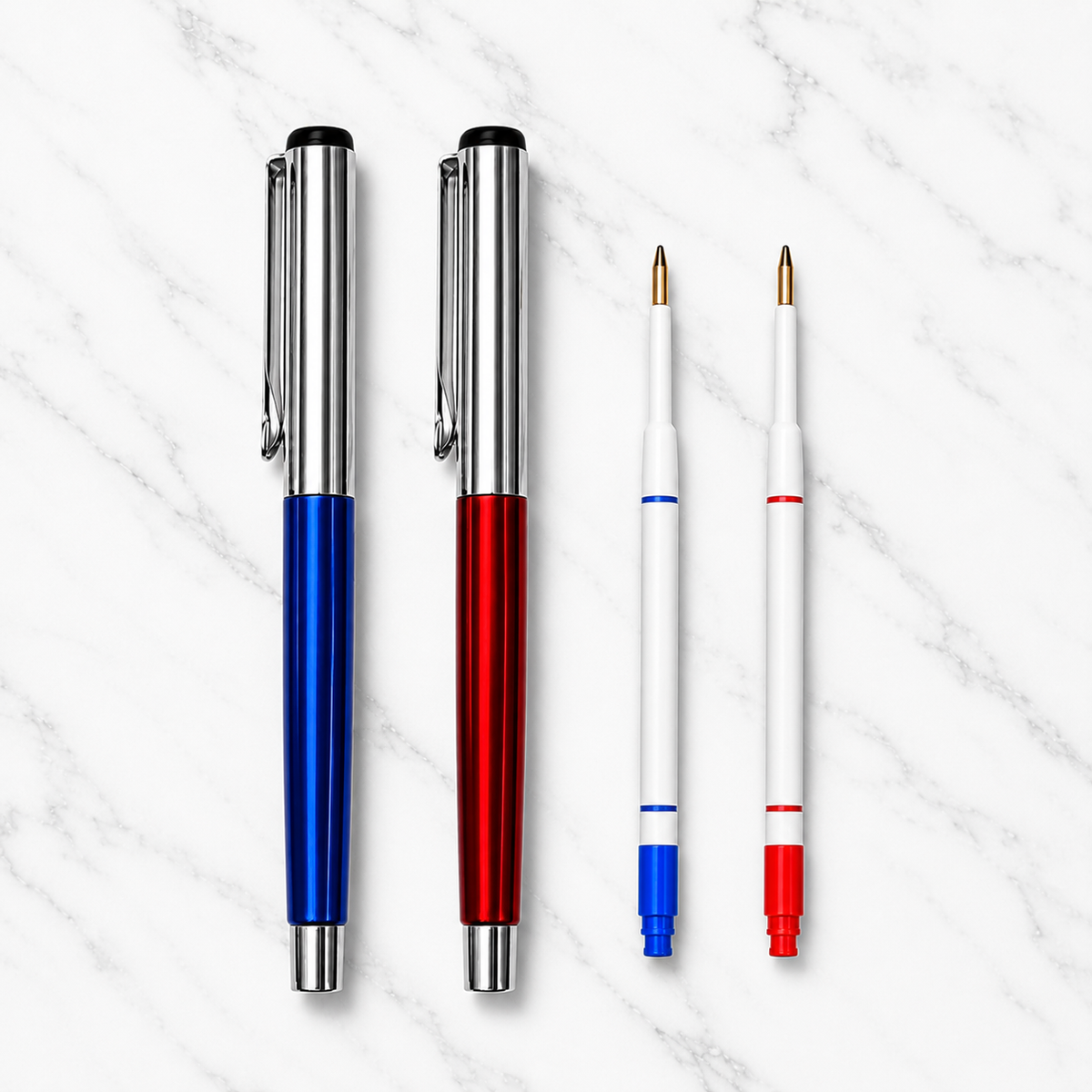Ballpen Bazaar  Ballpen Bazaar Set of 2 Metallic Glossy Ball Pens Blue & Red with Silver Cap | Openable Metal Ball Pen | Blue Ink | Includes 2 Free Plastic Jotter Refills | Executive Gift Pen Set with Name Engraving