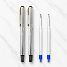 Ballpen Bazaar  Ballpen Bazaar Set of 2 Metallic Glossy Designer Silver Ball Pens with Silver Cap & Gold Clip | Openable Metal Ball Pen | Blue Ink | Includes 2 Free Plastic Jotter Refills with Name Engraving