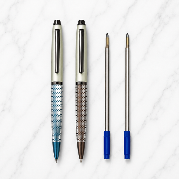 Ballpen Bazaar  Ballpen Bazaar Set of 2 Premium Twist Ball Pens | Matt Pearl White Body with Blue & Brown Grid Dual Colour Design | Blue & Brown Clips | Blue Ink | Includes 2 Free Cross Type Refills with Name Engraving